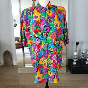 Women's VTG California Connection Tropical Bright Hawaiian Shirt Sz Med 12-14